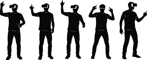 Virtual reality headset silhouette set with five dynamic poses showing immersive interaction, futuristic black vector icons for tech themes