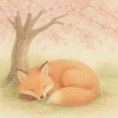A serene fox sleeping under cherry blossoms.
