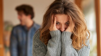 A young woman appears distressed and overwhelmed while her husband is shouting at her, family conflict and emotional abuse