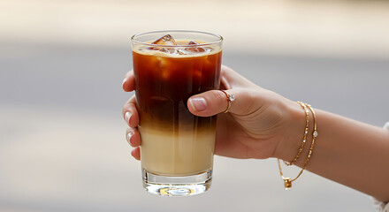 Well-manicured hand holding iced coffee, jewelry visible
