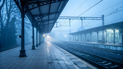 Empty train station platform in pale blue mist railway