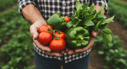 Farmer’s hands holding freshly picked vegetables, concept of local organic farming
