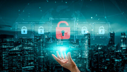 Digital security concept illustrating a cybersecurity breach, with a red unlocked padlock...