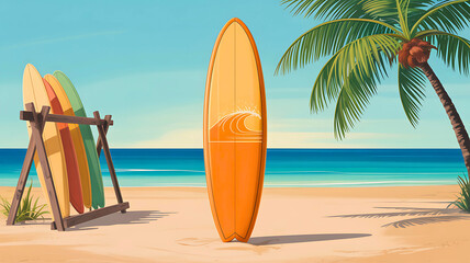 Summer beach scene with a surfboard standing in the sand next to the ocean. Tropical vacation and surfing lifestyle concept.