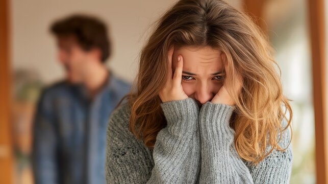 A young woman appears distressed and overwhelmed while her husband is shouting at her, family conflict and emotional abuse
