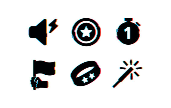 six different glitch effect illustration isolated on white backgorund excitement thunder clap speaker excitement challenge coin excitement game launch countdown excitement cheering flag