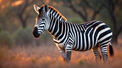 Zebra in natural habitat at sunset, showcasing black and white stripes. Wildlife and nature scene. The animal and landscape focus.