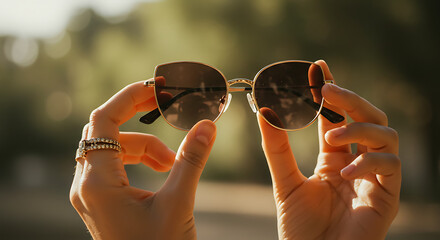 Fingers adjusting sunglasses, soft shadows and fashion ring visible