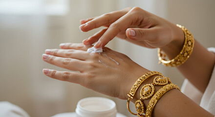 Close-up of hands applying cream, gold bracelets in focus