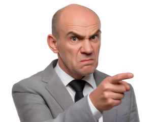 Older Caucasian businessman with angry expression, pointing with right hand, isolated on white or transparent background