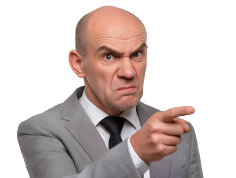 Older Caucasian businessman with angry expression, pointing with right hand, isolated on white or transparent background - Powered by Adobe