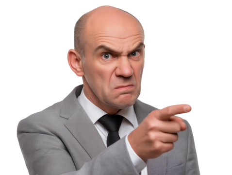 Older Caucasian businessman with angry expression, pointing with right hand, isolated on white or transparent background