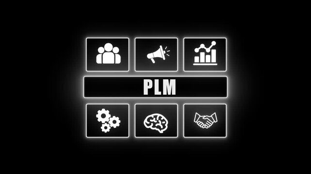 Neon PLM Visualization with Pink Icons Representing Product Lifecycle Elements: Team, Communication, Data, Process, Intelligence, and Collaboration in a Futuristic Interface for Engineering, Design,