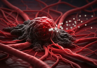 Microscopic View Of A Cancerous Cell Undergoing Treatment Surrounded By Blood Vessels