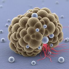 Microscopic View Of A Cellular Structure With Colored Particles And Fibers
