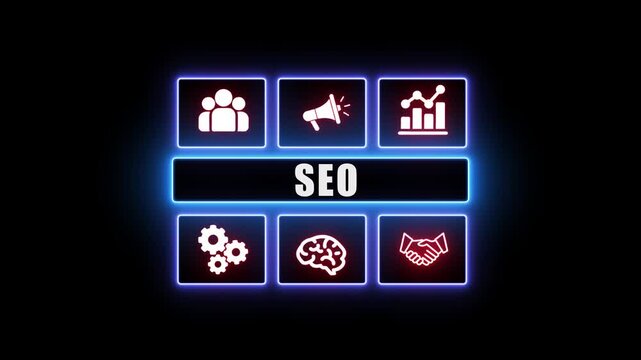 Futuristic SEO Dashboard with Cyan Neon Icons for Marketing, Analytics, Teamwork, Automation, and Intelligence Optimized Visual Representation of
