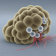 Microscopic View Of Brown Cell Cluster With Gray And Red Filaments