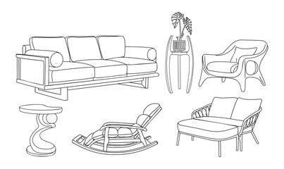 Minimalist vector line art set of modern furniture including sofa, armchairs, side tables, plant stand, and rocking chair. Stylish black outline illustrations for interior design projects.