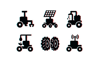 six different glitch effect illustration isolated on white backgorund agricultural robot tractor hitch agricultural robot solar panel agricultural robot water pump agricultural robot crop