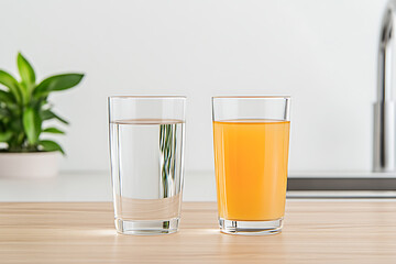 Two glasses, one filled with water and the other with juice, sit side-by-side on a light wooden surface, creating a refreshing and contrasting visual appeal.