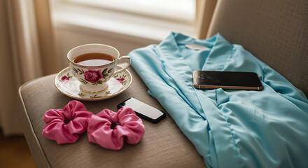 Morning scene: tea cup, scrunchie, phone and silk robe — cozy feminine vibe