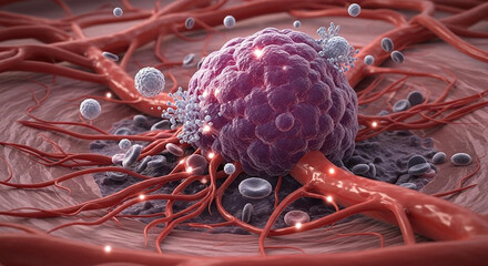 Microscopic View Of Cancerous Cells With Blood Vessels