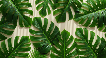 Flat lay of tropical leaves arranged as a pattern, fresh and vibrant texture