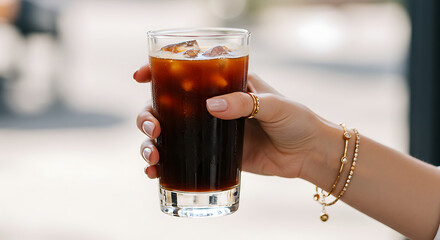 Well-manicured hand holding iced coffee, jewelry visible