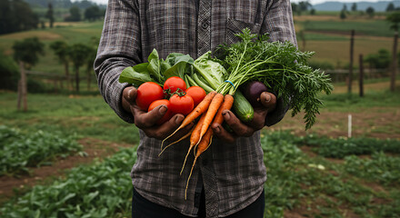 Farmer’s hands holding freshly picked vegetables, concept of local organic farming