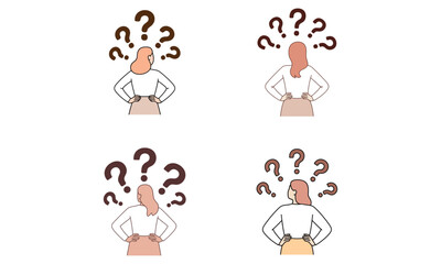 Confused woman with question marks above head expressing doubt and decision stress
