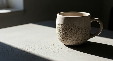 Textured Off White Ceramic Mug On Table In Sunlight