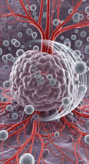 Three Dimensional Rendering Of A Cancerous Cell Surrounded By Blood Vessels