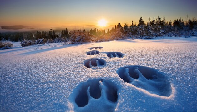 a large bear s paw print in fresh snow at sunrise a serene winter landscape - Powered by Adobe