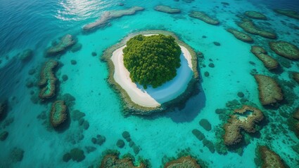 Aerial view of a small island with lush greenery surrounded by clear turquoise waters and coral reefs.