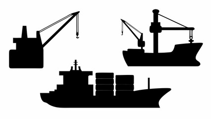 Fototapeta premium Silhouette illustration of three cargo ships with cranes against a white background in a simple style