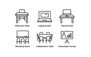 simple outline stroke icon items simple outline stroke icon itemsuctional design (environment): classroom desk laptop screen remote desk workshop room collaboration table presentation