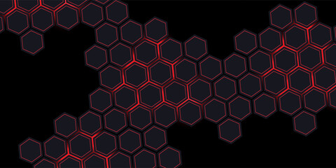 Dark gray and red horizontal hexagonal technology abstract vector background. red bright energy flashes under hexagon in futuristic modern technology wide banner.