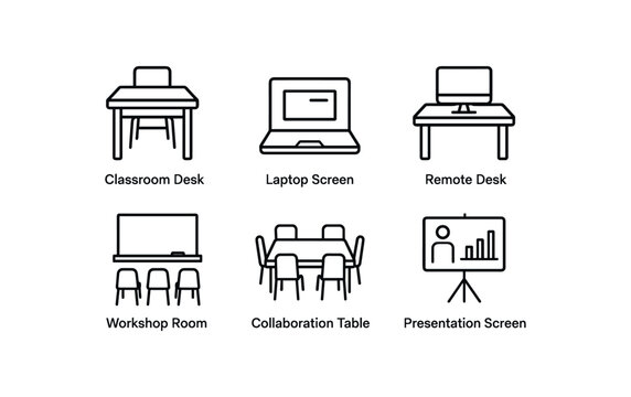 simple outline stroke icon items simple outline stroke icon itemsuctional design (environment): classroom desk laptop screen remote desk workshop room collaboration table presentation
