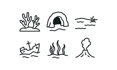 simple outline stroke icon items deep sea diver (terrain): coral reef underwater cave sand bed sunken ship sea floor thermal vent monoline icons style isolated on white background