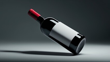 A wine bottle with a red cap lying on its side, casting a shadow.