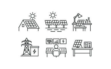 simple outline stroke icon items solar power engineer (workplace): rooftop solar farm lab desk power station control room test bench monoline icons style isolated on white background