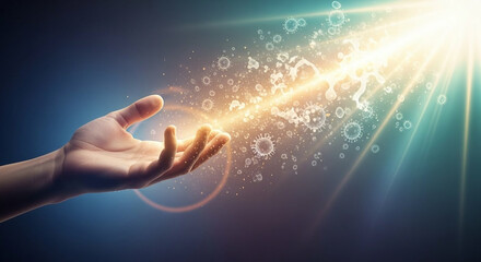 Glowing Hand Emits Bright Particles Against Dark Blue Background