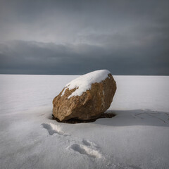 Single Rock in Snowy Barren Plain Under Overcast Sky