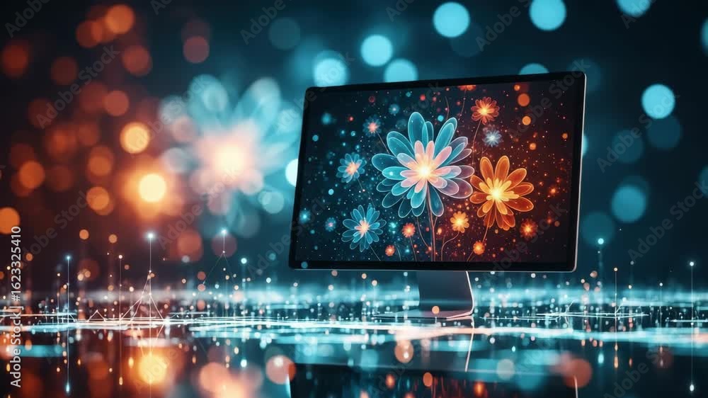 Poster a vibrant digital display showcasing colorful flowers against a blurred bokeh background capturing a