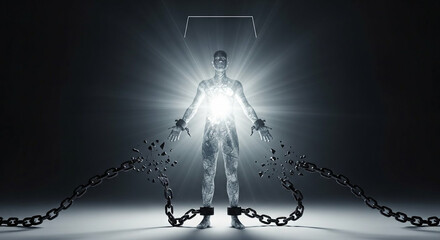 Human Figure Breaking Free From Metallic Chains In A Dark Setting