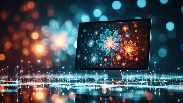 A vibrant digital display showcasing colorful flowers against a blurred bokeh background capturing a mesmerizing blend of light and color ideal for creative projects and digital art