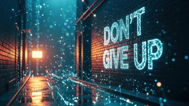 A vibrant urban alleyway illuminated by neon lights showcasing a motivational message that encourages perseverance with rain-soaked pavement reflecting the glowing ambiance - Powered by Adobe