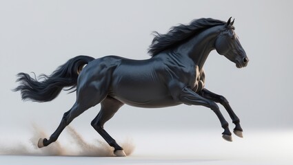 A black horse running at full speed, showcasing power and grace, with a sleek, shiny coat and flowing mane.