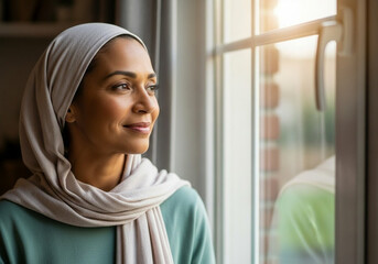Woman In Teal Top And Beige Hijab Gazing Out Window