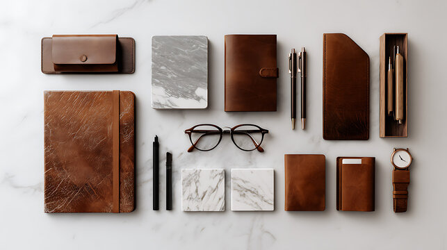 Sophisticated leather stationery and accessories arranged neatly leather notebooks pens